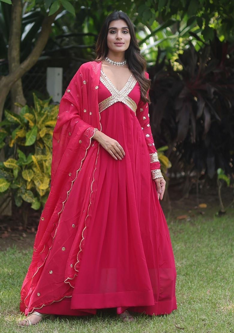 Pink Embroidered Georgette Anarkali Set
