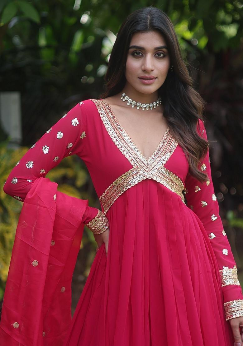 Pink Embroidered Georgette Anarkali Set