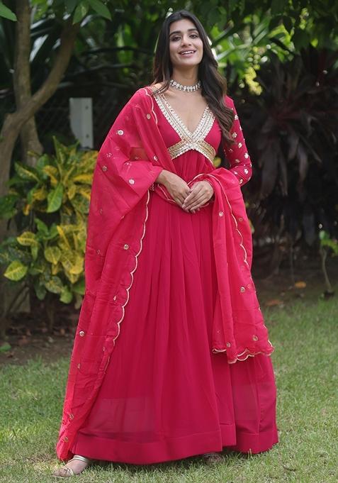 Pink Embroidered Georgette Anarkali Set