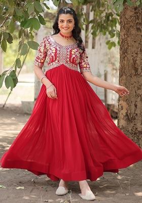 Red Embroidered Georgette Anarkali Set