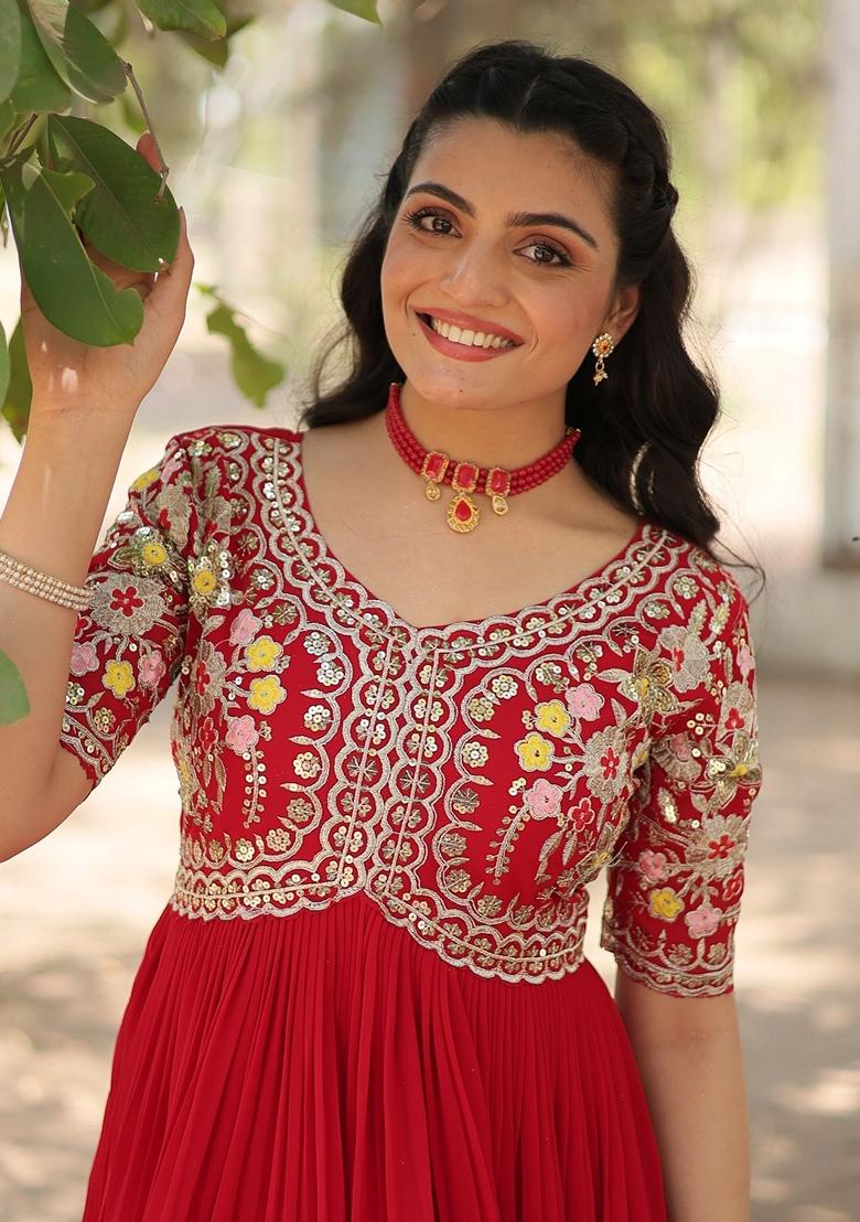 Red Embroidered Georgette Anarkali Set