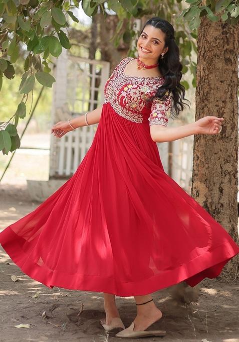 Red Wine Georgette Pant Anarkali main image 1
