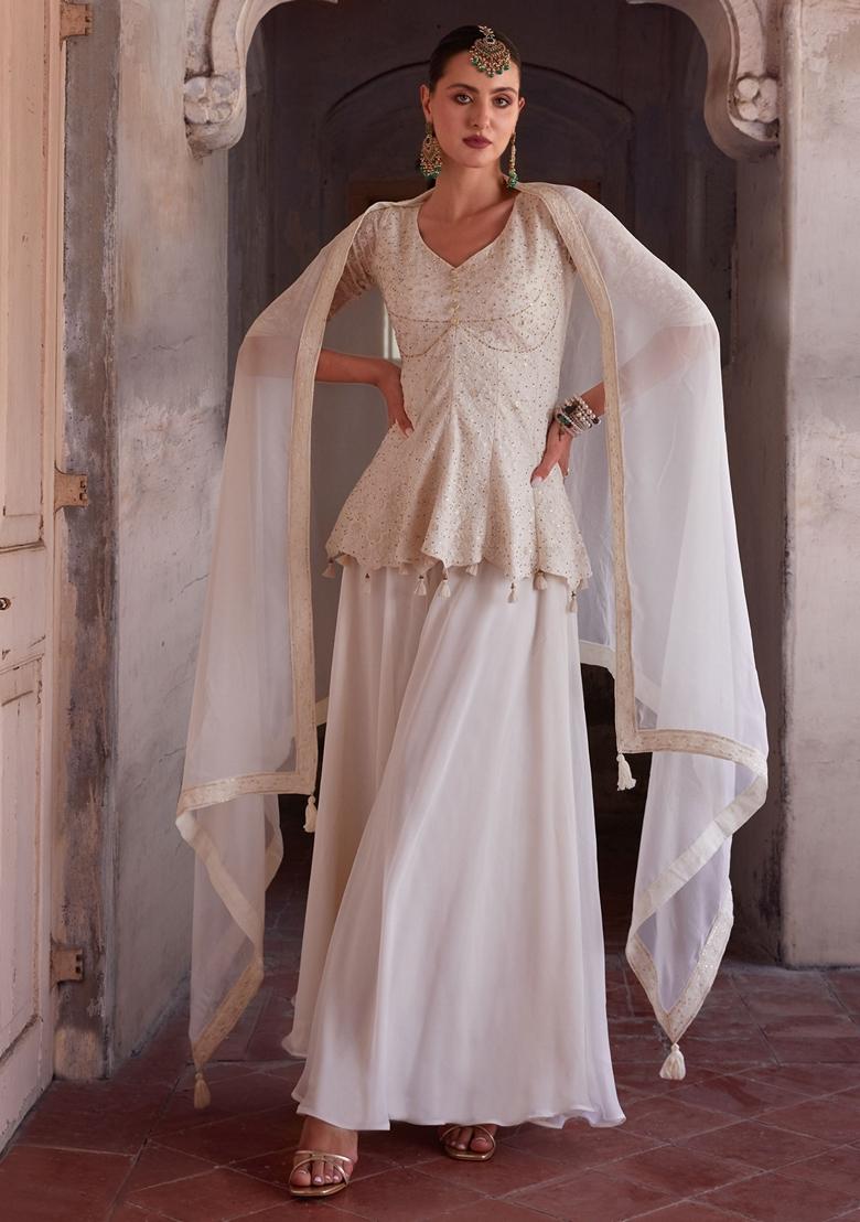 Off White Sequin Embroidered Georgette Kurta Set