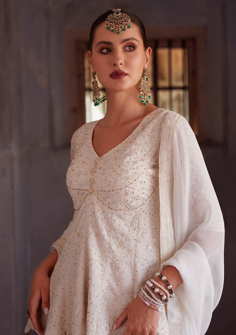 Off White Sequin Embroidered Georgette Kurta Set