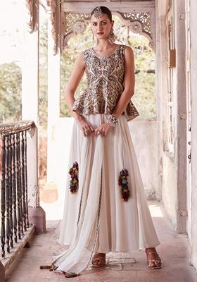 Off White Embroidered Georgette Kurta Set