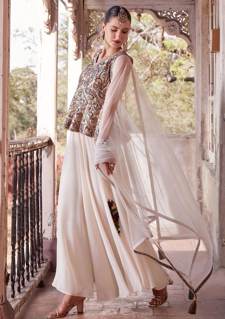 Off White Embroidered Georgette Kurta Set