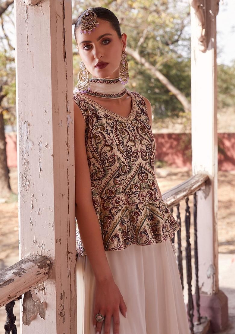 Off White Embroidered Georgette Kurta Set