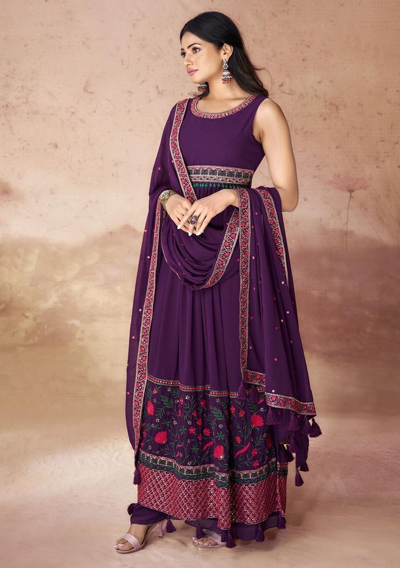 Purple Embroidered Georgette Kurta Set