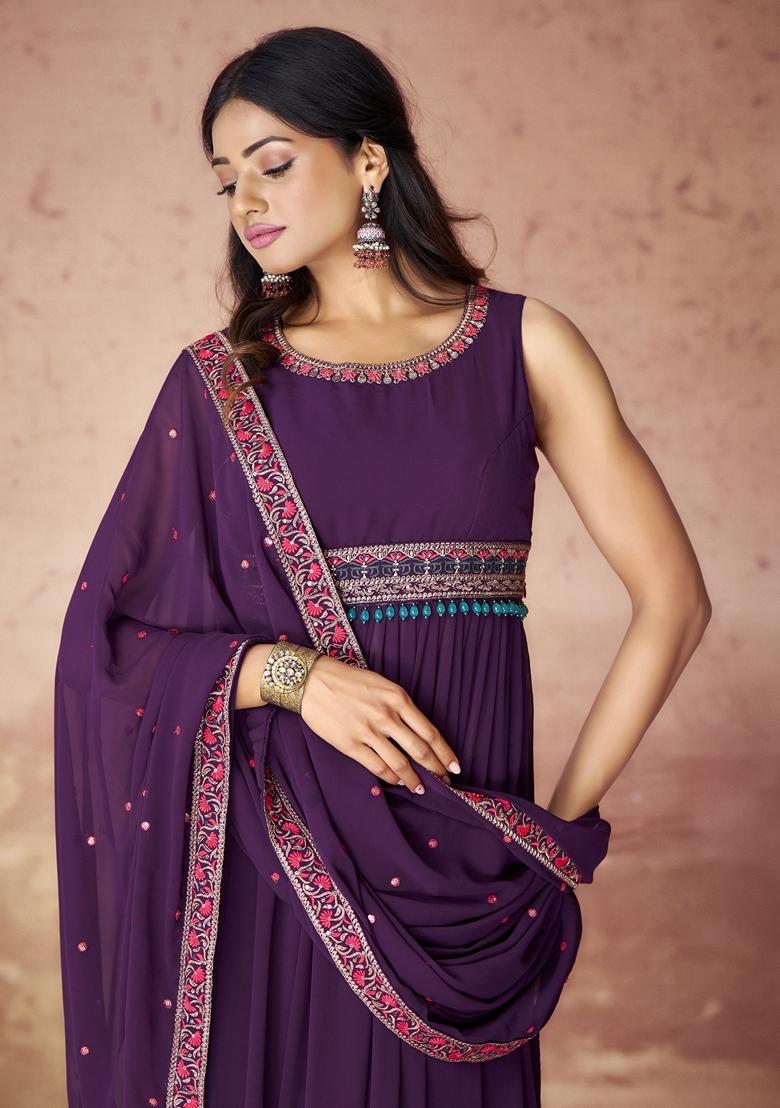 Purple Embroidered Georgette Kurta Set