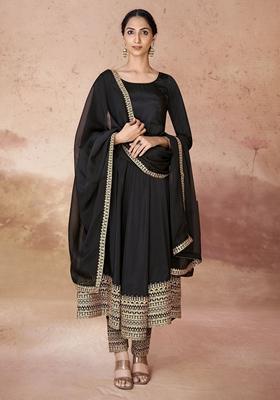 Black Embroidered Poly Blend Kurta Set