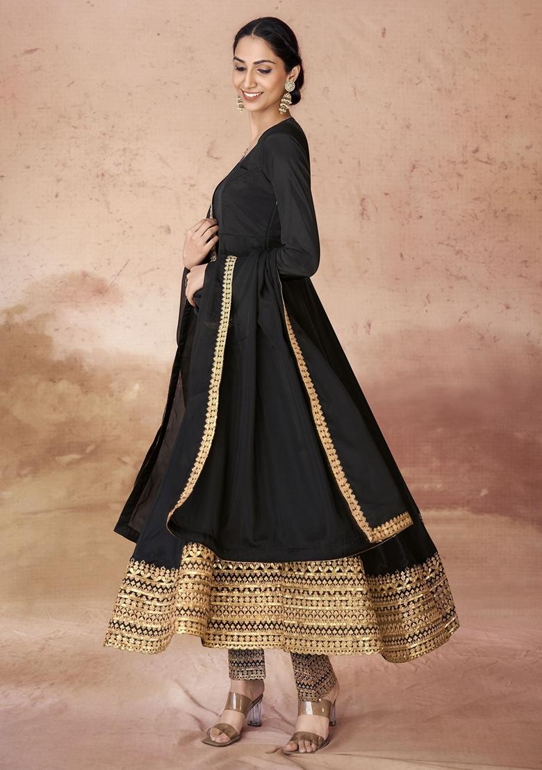 Black Embroidered Poly Blend Kurta Set