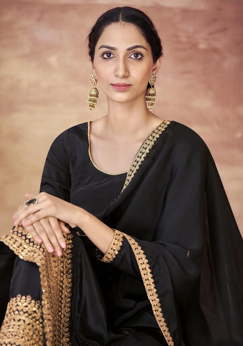 Black Embroidered Poly Blend Kurta Set