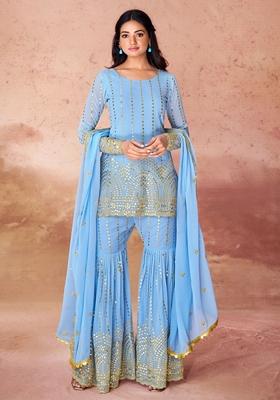 Sky Blue Sequin Embroidered Georgette Kurta Set