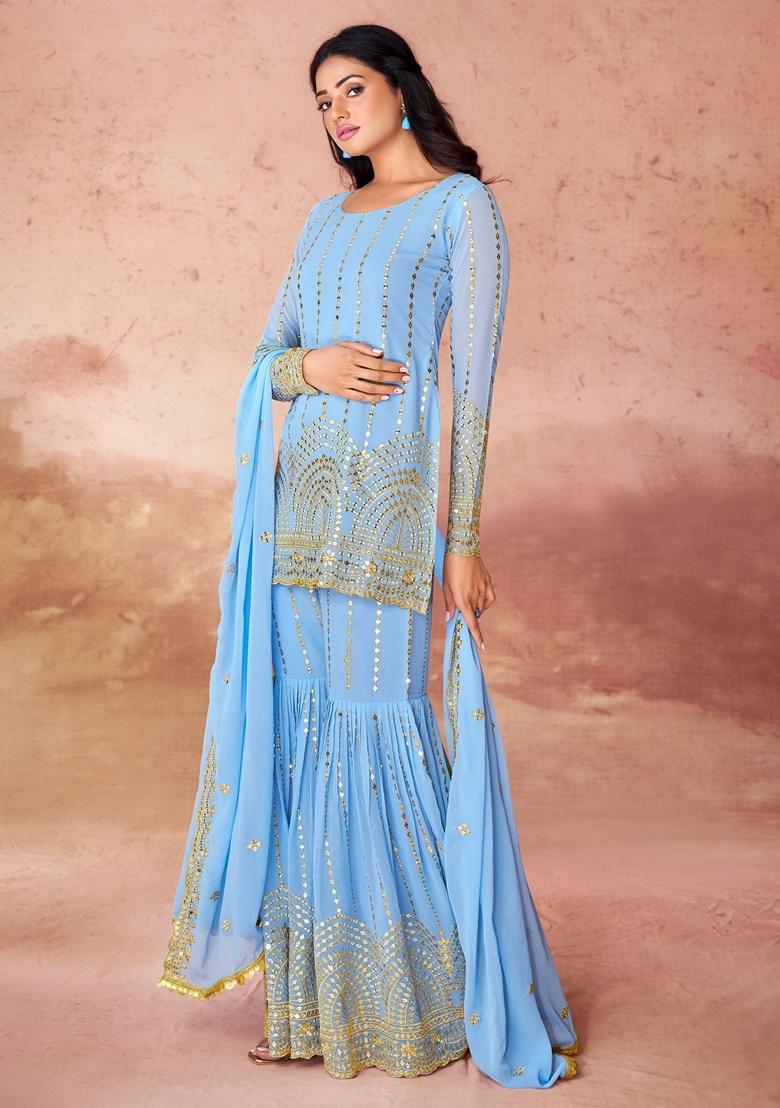 Sky Blue Sequin Embroidered Georgette Kurta Set