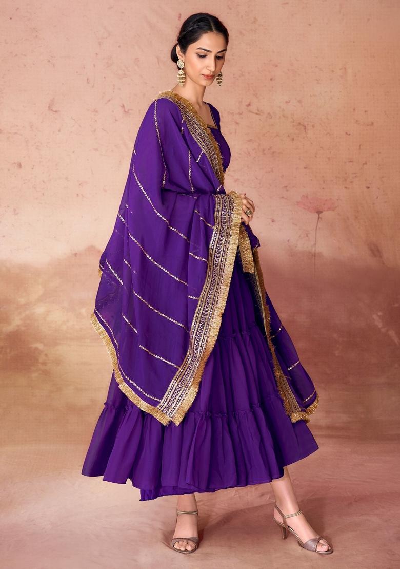 Purple Embroidered Georgette Anarkali Set