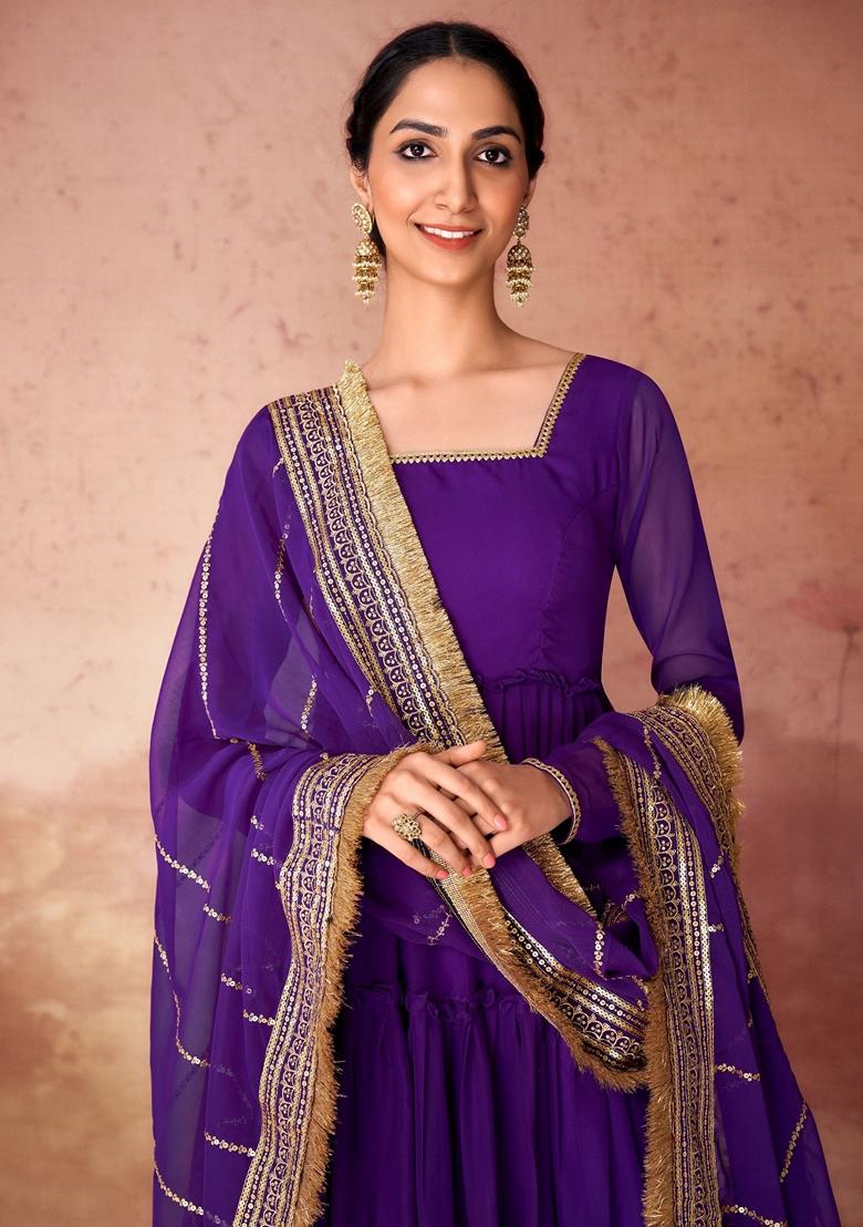 Purple Embroidered Georgette Anarkali Set
