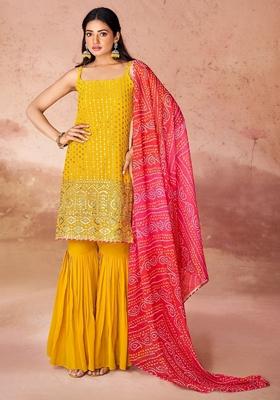 Yellow Embroidered Georgette Kurta Set