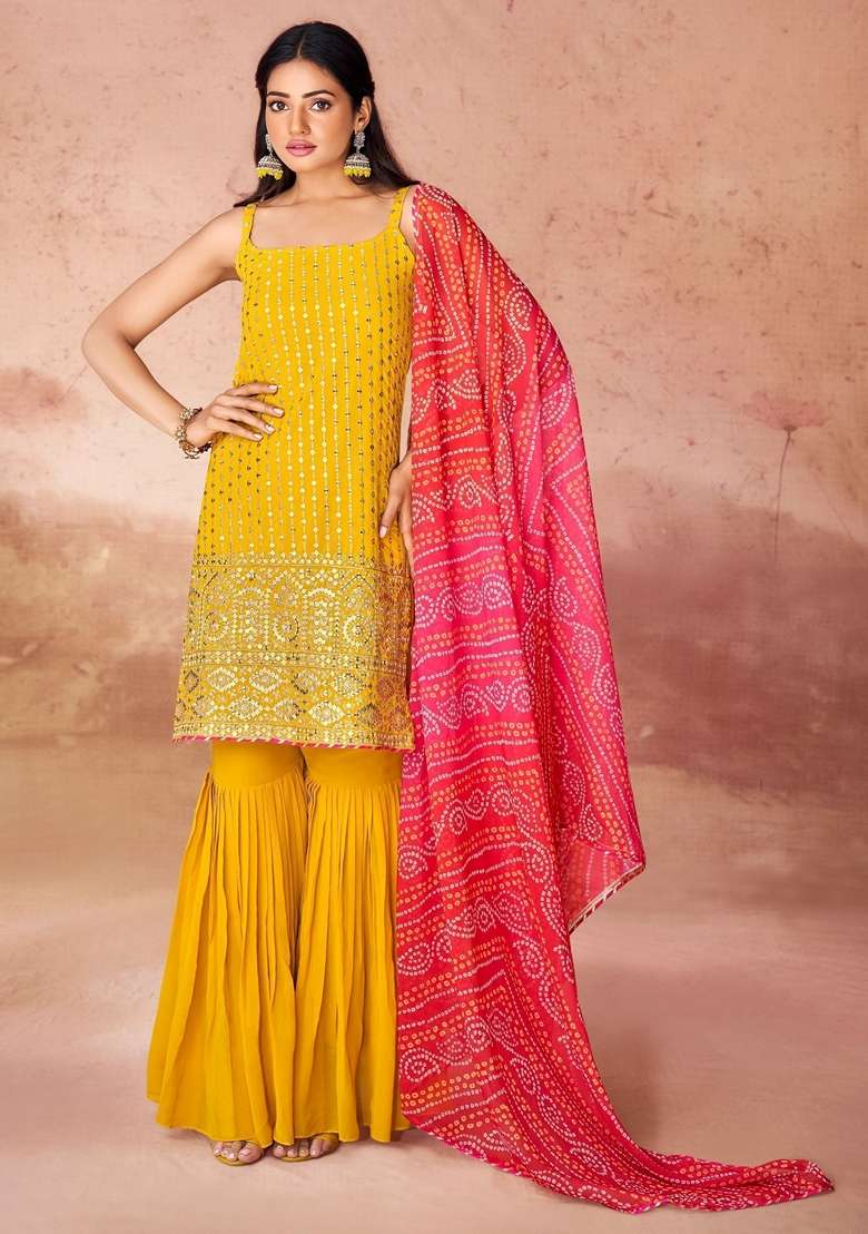 Yellow Embroidered Georgette Kurta Set - Indya