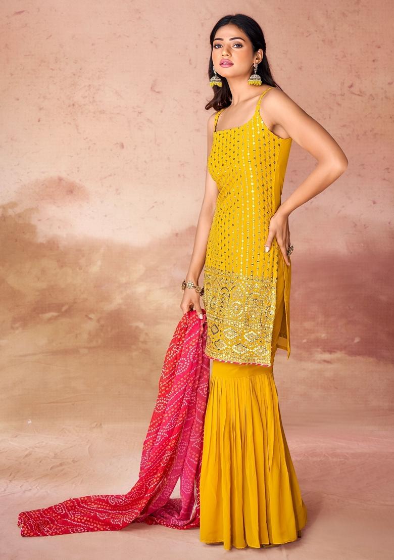 Yellow Embroidered Georgette Kurta Set