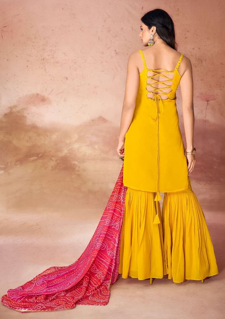 Yellow Embroidered Georgette Kurta Set - Indya