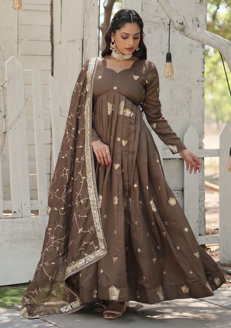 Brown Embroidered Silk Anarkali Set