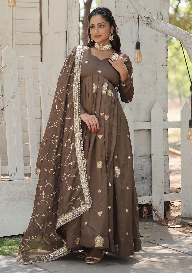 Brown Embroidered Silk Anarkali Set