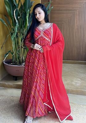 Red Bandhani Print Georgette Anarkali Set