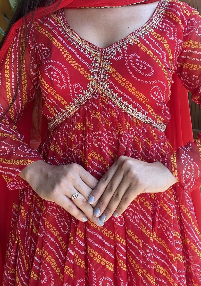 Red Bandhani Print Georgette Anarkali Set