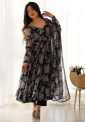 Black Floral Print Georgette Kurta Set