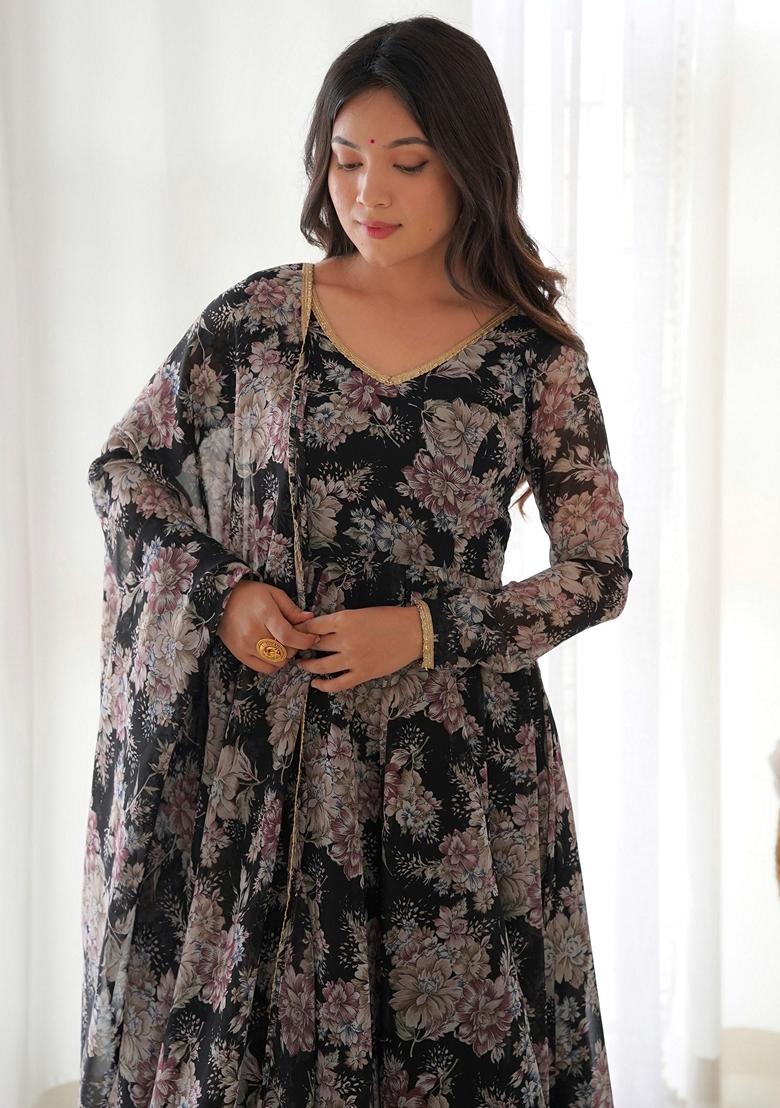 Black Floral Print Georgette Kurta Set