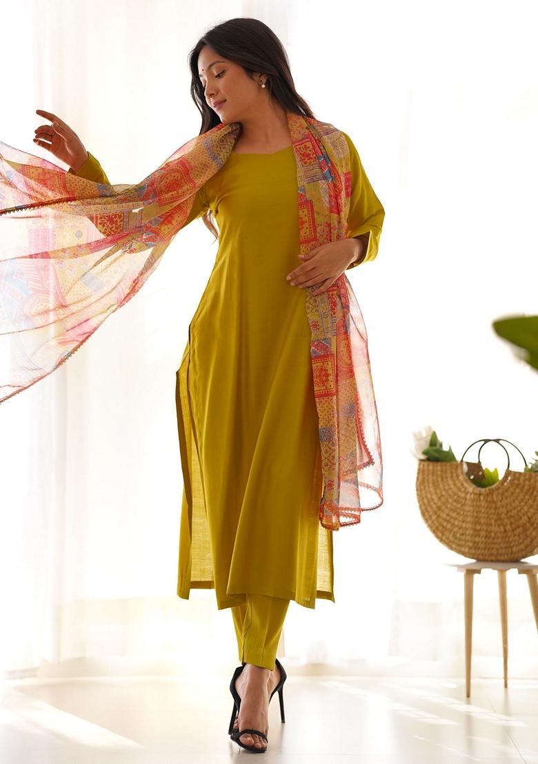 Yellow Embroidered Cotton Kurta Set