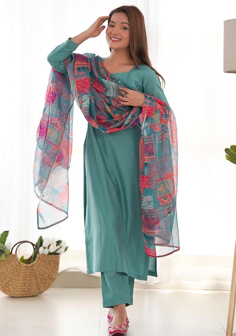 Green Embroidered Cotton Kurta Set