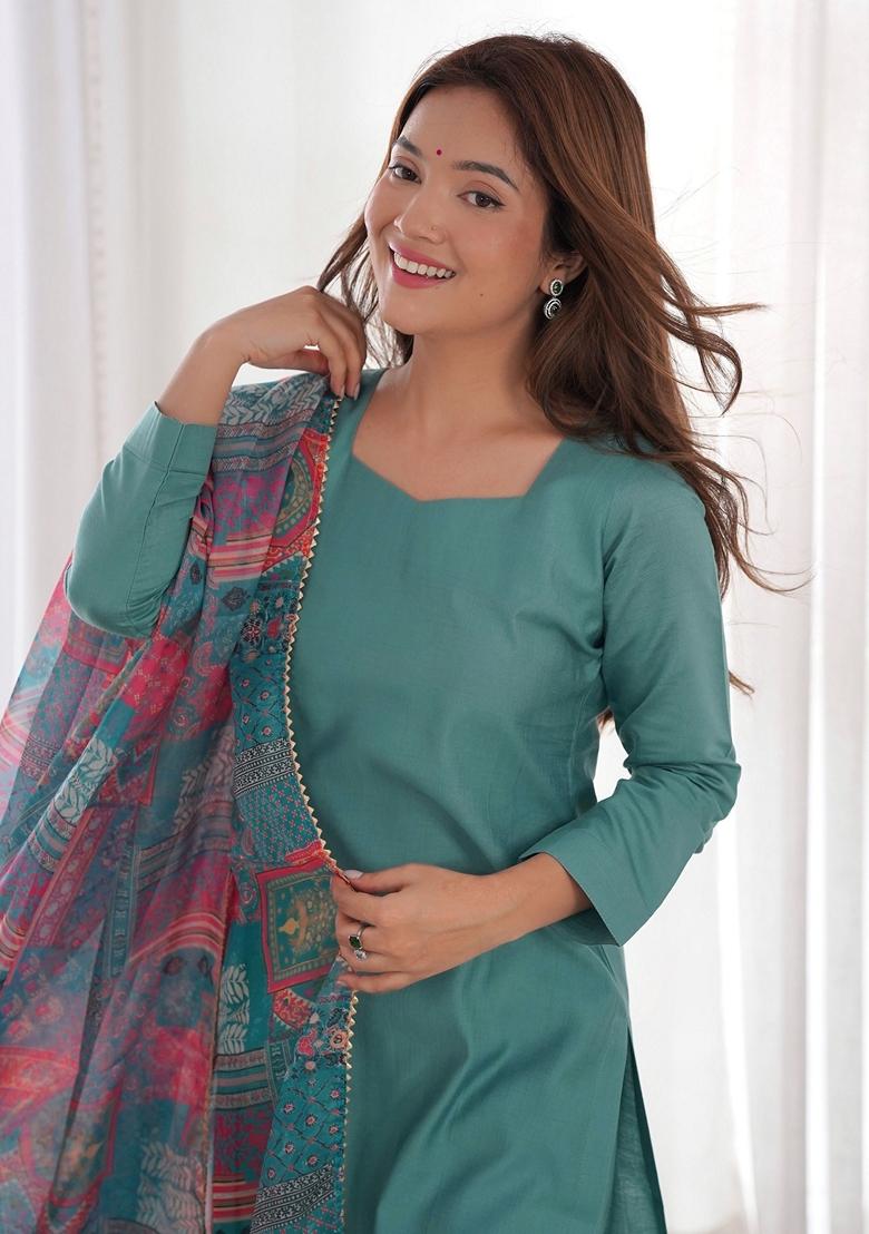 Green Embroidered Cotton Kurta Set
