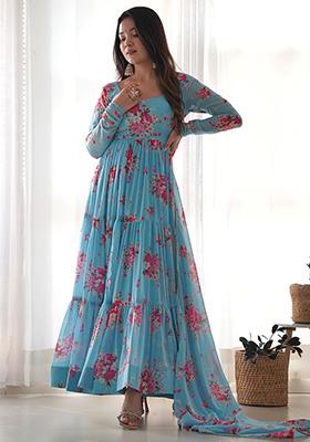 Sky Blue Floral Print Georgette Kurta Set