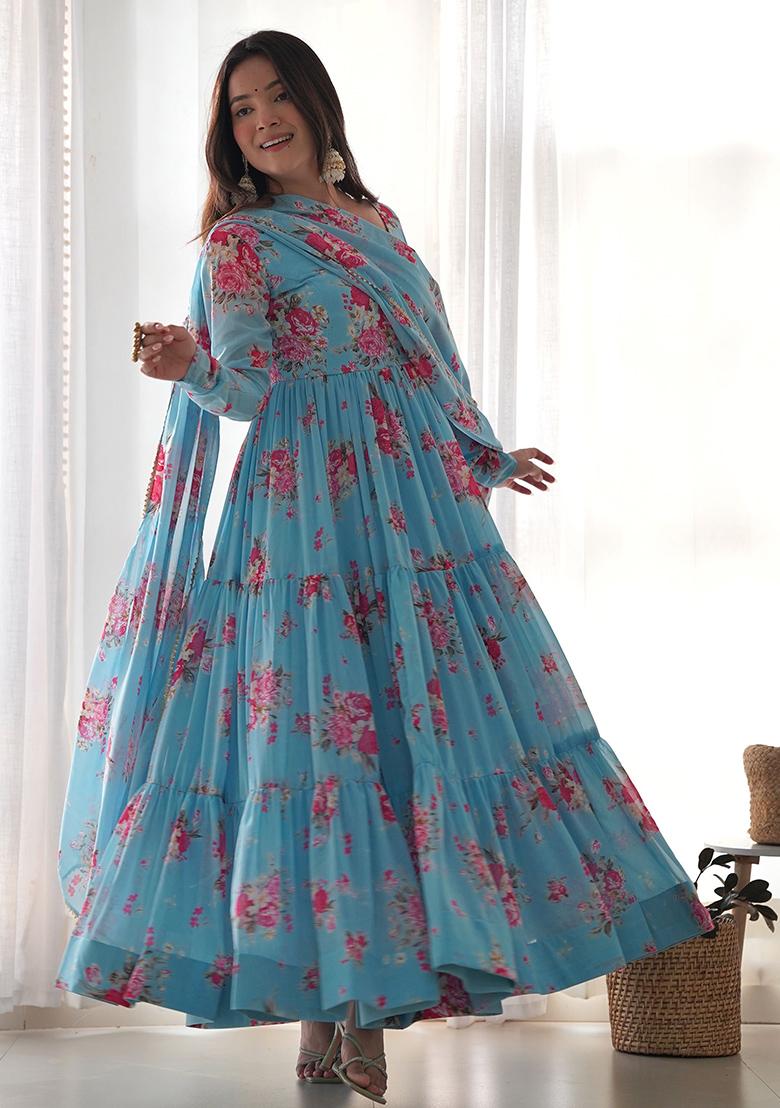 Sky Blue Floral Print Georgette Kurta Set