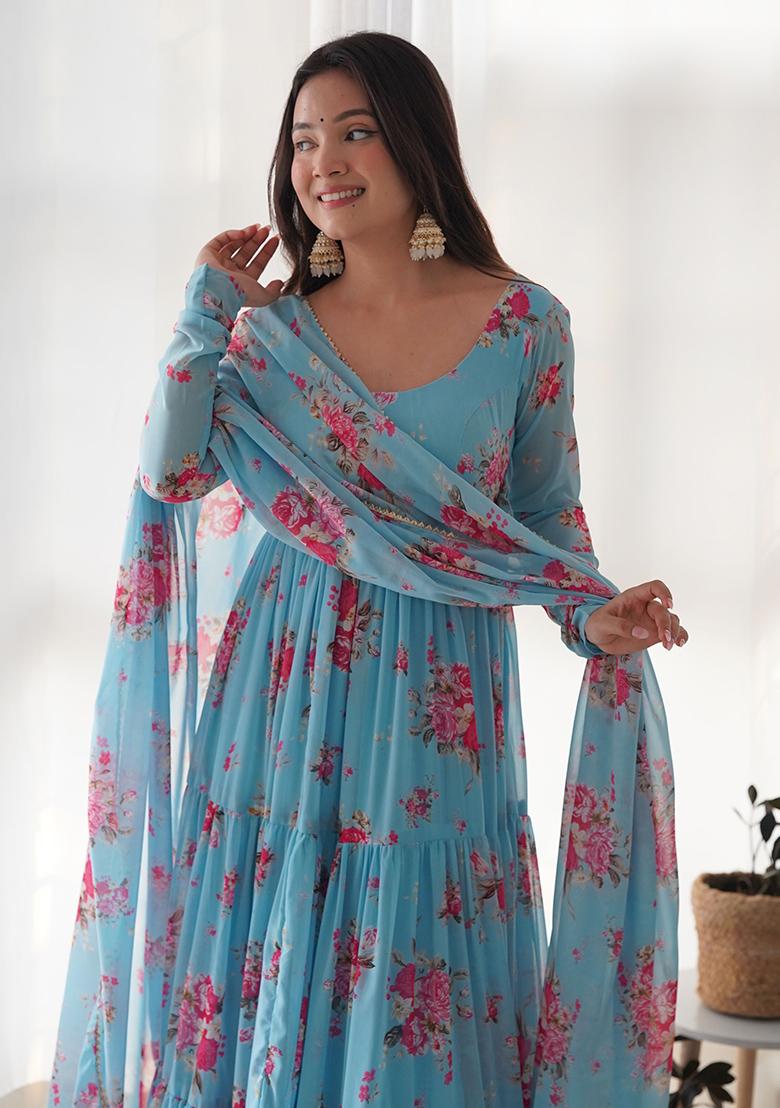 Sky Blue Floral Print Georgette Kurta Set