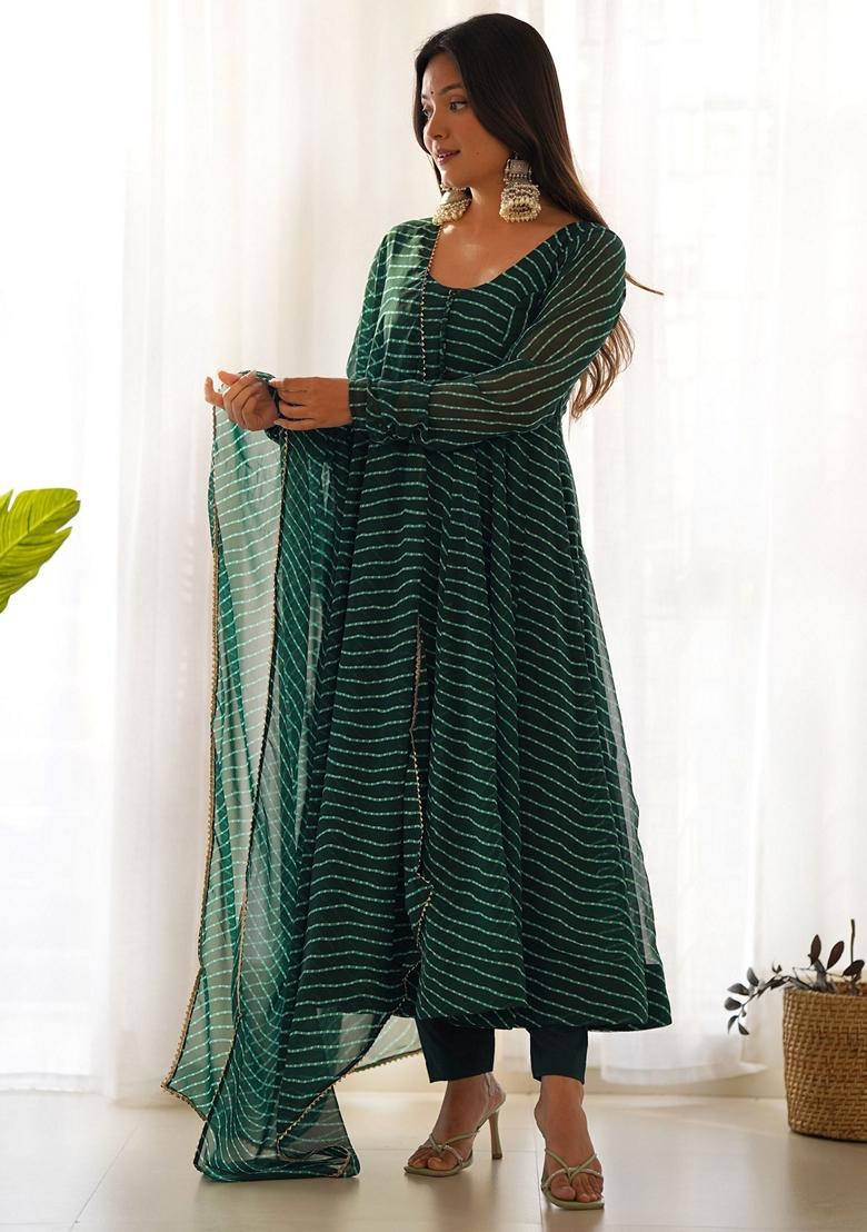 Green Printed Georgette Kurta Set