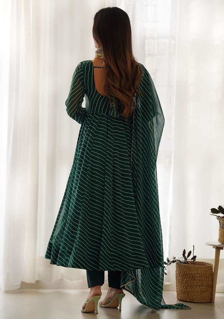 Green Striped Georgette Anarkali Set - Indya