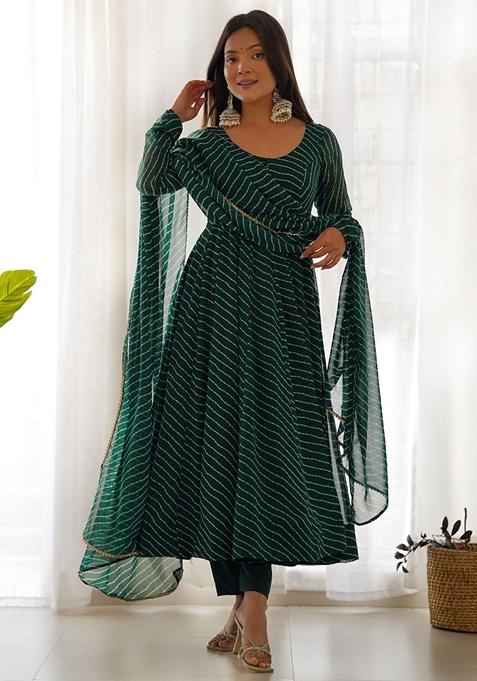 Green Striped Georgette Anarkali Set — view on Indya