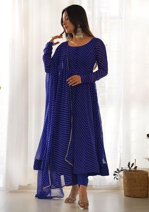 Blue Printed Georgette Kurta Set — view on Indya
