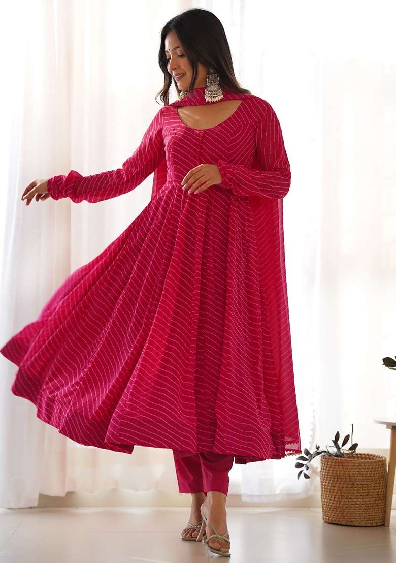 Pink Printed Georgette Kurta Set - Indya