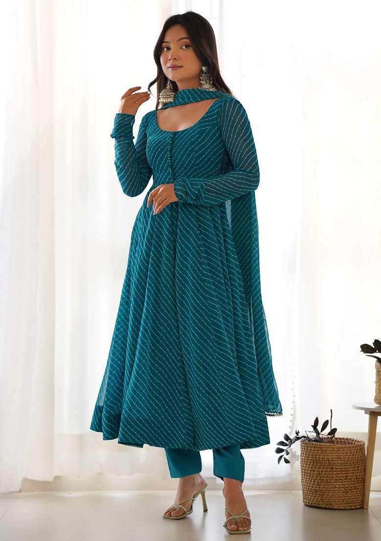 Blue Striped Georgette Anarkali - Indya