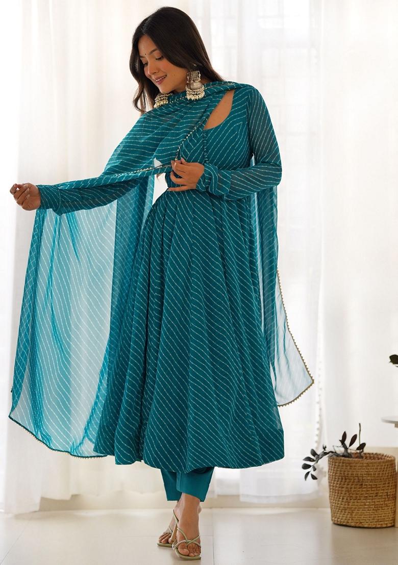 Blue Printed Georgette Kurta Set