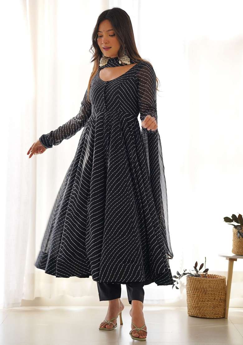 Black Printed Georgette Kurta Set - Indya