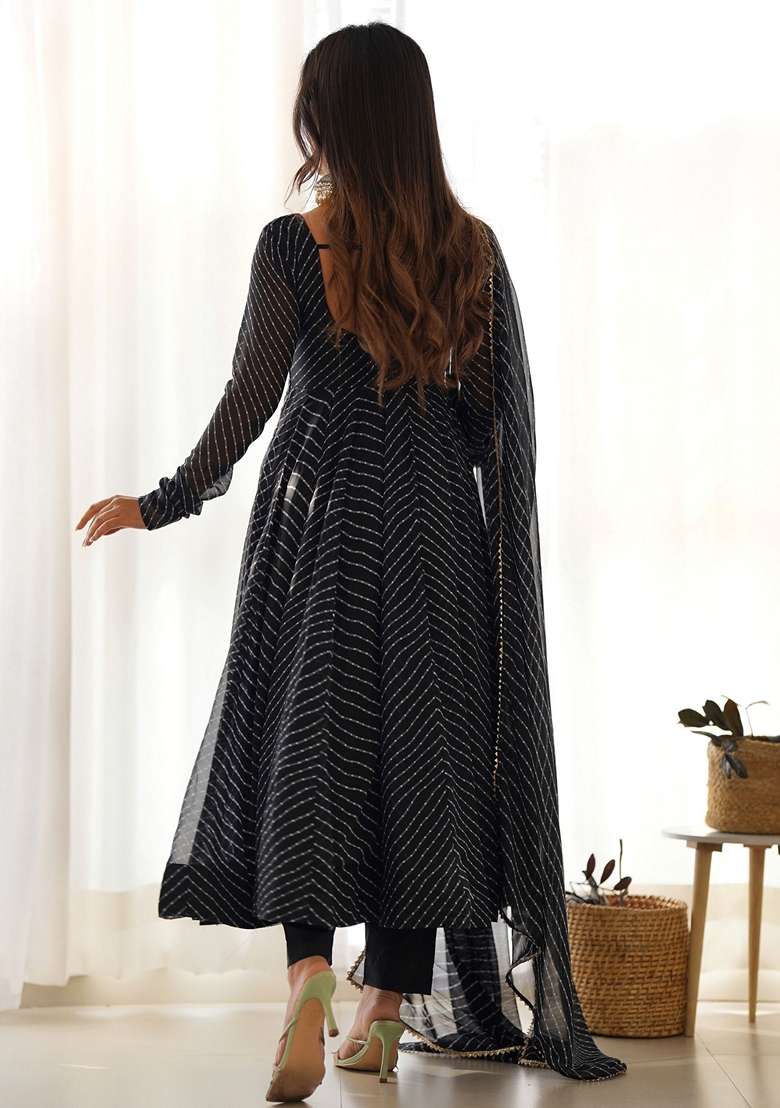 Black Printed Georgette Kurta Set - Indya
