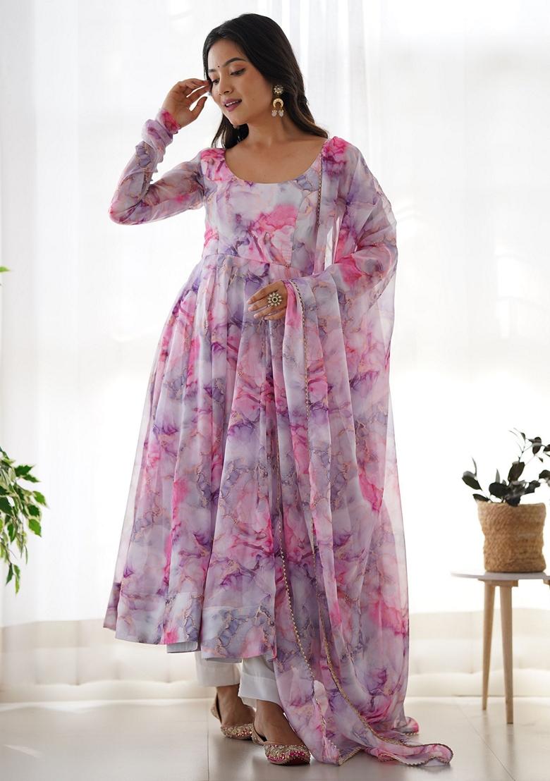 Off White Digital Print Organza Kurta Set