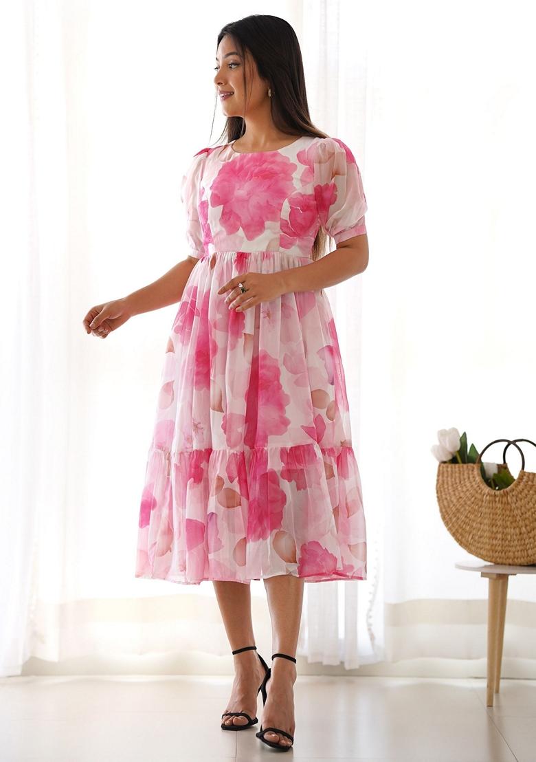 Off White Floral Print Organza Anarkali Set