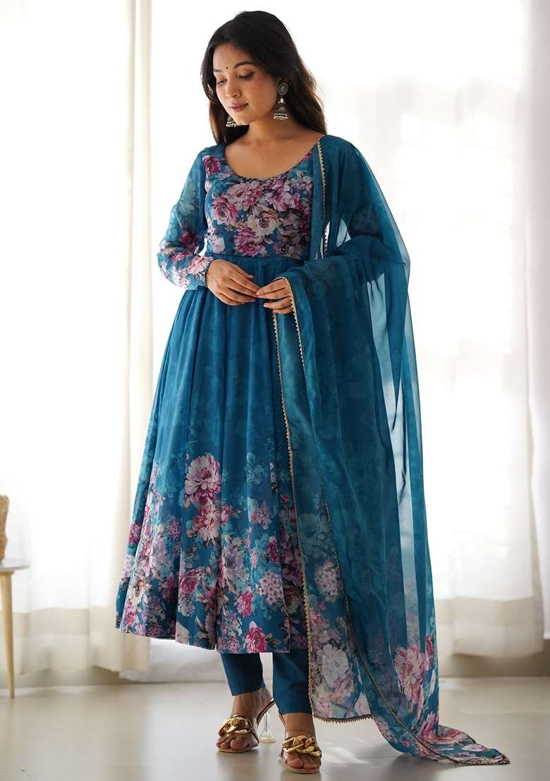 Blue Floral Print Organza Kurta Set - Indya