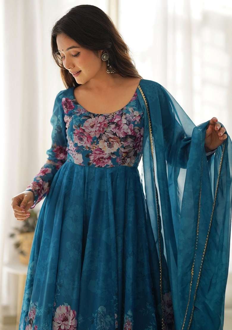 Blue Floral Print Organza Kurta Set - Indya