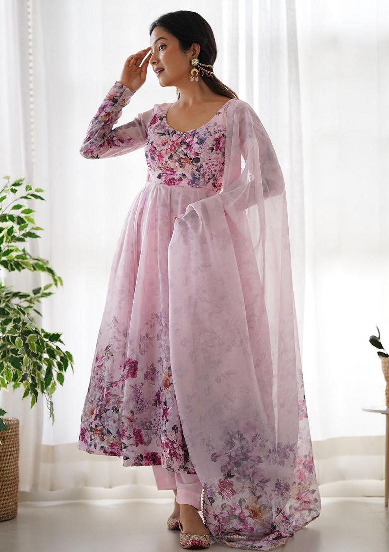 Pink Floral Print Organza Kurta Set